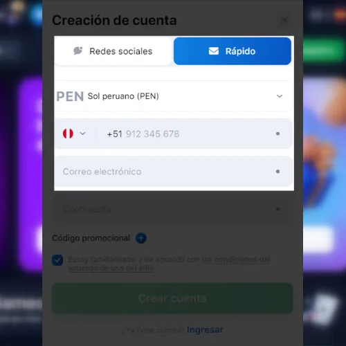 Introduce tus datos en el formulario de registro de 1Win